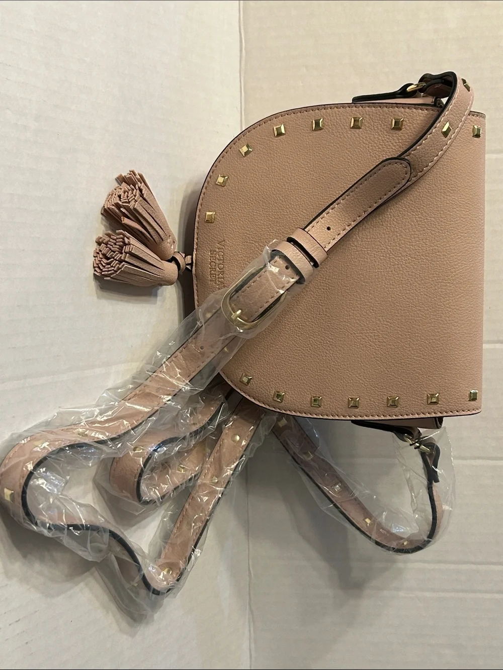 Victoria's Secret Pink Saddle Crossbody with Gold Studs and Tassels